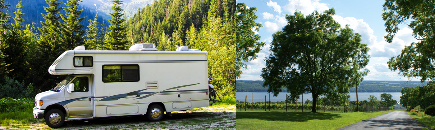 An image of an RV parked in front of a landscape to signify personal insurance