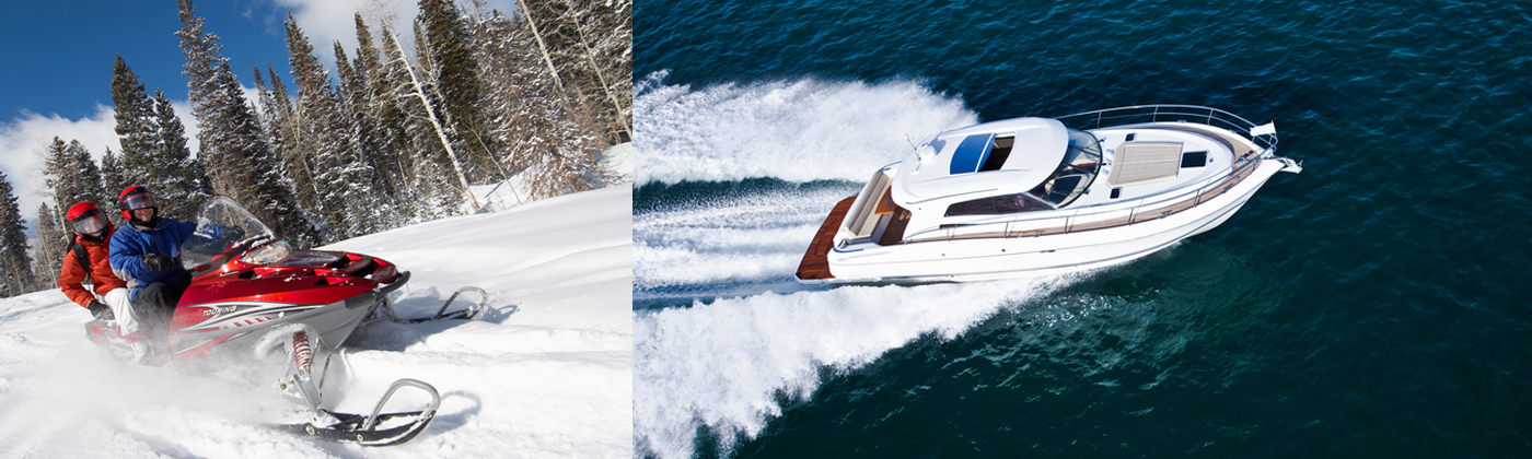 An image of a snowmobile in the snow, and a boat on the water, to signify personal insurance