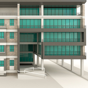 Building and Business Property Insurance - Digital architectural rendering of industrial building, several windows, balconies, uniform design.
