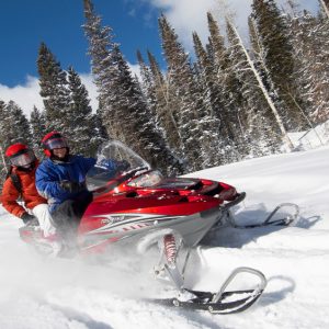 Snowmobiles and All-Terrain Vehicle Insurance - Two on a red snowmobile flying downhill.