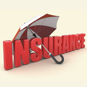 Umbrella Insurance - A red and white umbrella over block letters read insurance.