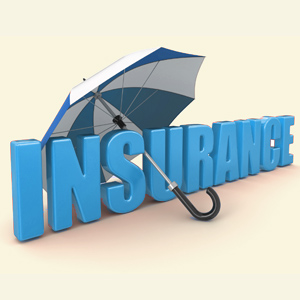 Umbrella Coverage for Businesses - A blue and white umbrella over blue lettering reads insurance.